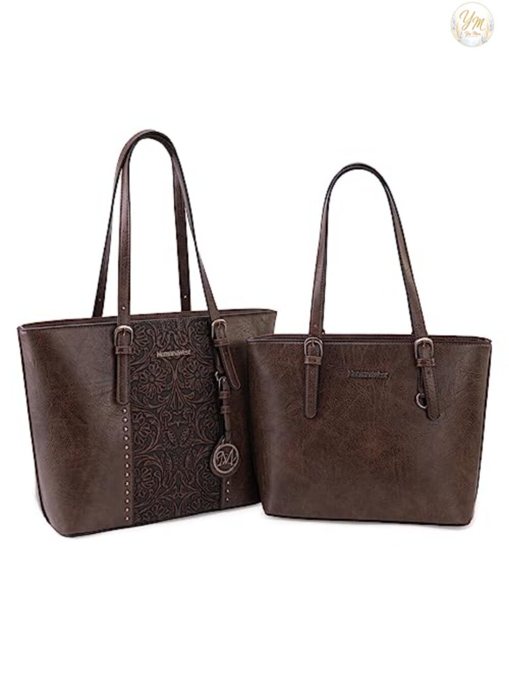 Vegan Leather Tote Bag Set with Silver Hardware Embossed Purse 2Pcs Laptop